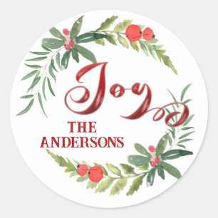 Vintage calligraphy joy botanical wreath holiday classic round sticker