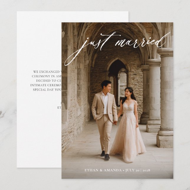 Vintage Calligraphy Just Married Photo Elopement Announcement (Front/Back)