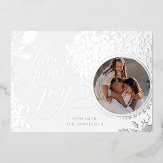 Vintage Calligraphy Love, Joy, Peace 1 Photo  Foil Holiday Card