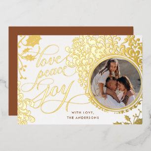 Vintage Calligraphy Love, Joy, Peace 1 Photo  Foil Holiday Card