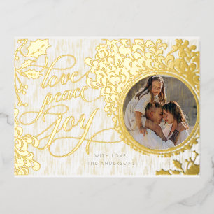 Vintage Calligraphy Love, Joy, Peace 1 Photo Foil Holiday Postcard