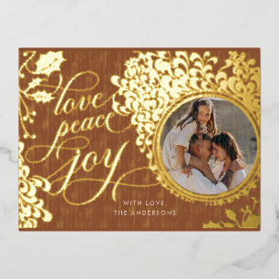 Vintage Calligraphy Love, Joy, Peace 1 Photo  Foil Holiday Postcard