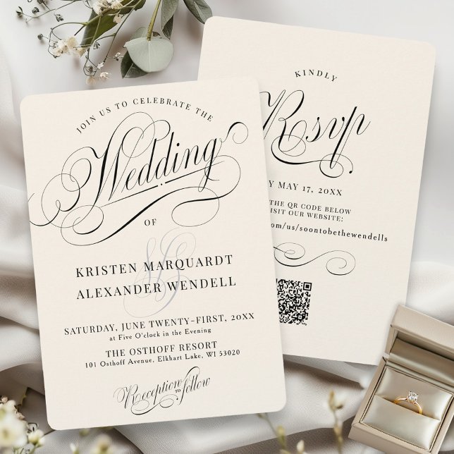 Vintage Calligraphy Script Elegant Ivory Wedding Invitation (Elegant vintage ivory cream and black ornate swirl calligraphy script wedding invitation QR code)