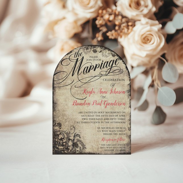 Vintage Calligraphy Script Flourish Wedding Invitation (Vintage Arched Wedding Invitation with cherry red text.)