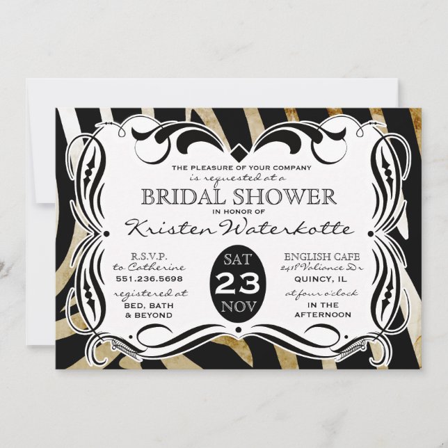 Vintage Calligraphy Zebra Print Bridal Shower Invitation (Front)