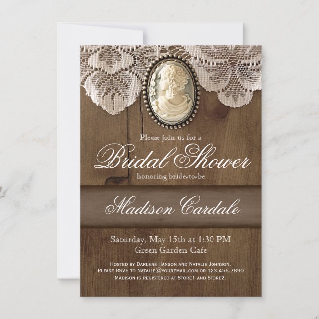 Vintage Cameo Brooch Lace Bridal Shower Invites (Front)