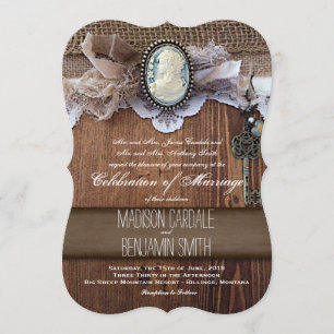 Vintage Cameo Key Burlap Wood Wedding Invites