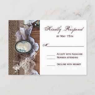 Vintage Cameo Key Burlap Wood Wedding RSVP Card