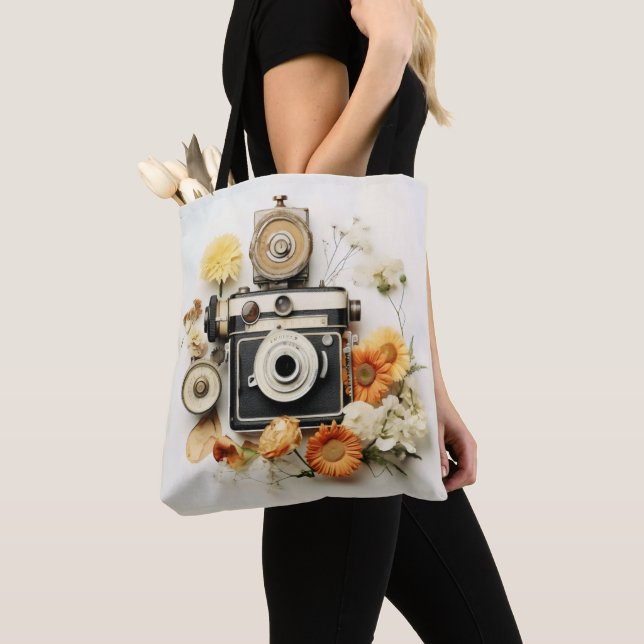 Vintage Camera and Flower Tote Bag (Close Up)