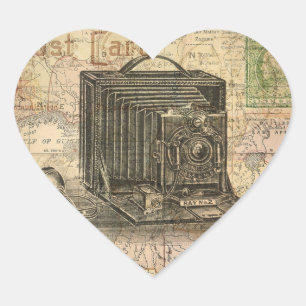 Vintage Camera Antique Map Africa Digital Collage Heart Sticker