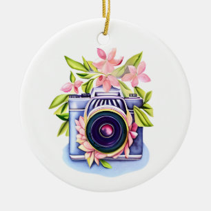 Vintage Camera Floral Personalised Ceramic Tree Decoration