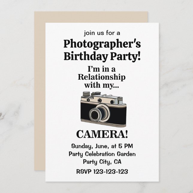 Vintage Camera Funny Photographer Birthday Party Invitation (Front/Back)