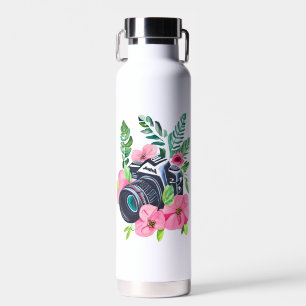 Vintage Camera, Green Foliage Water Bottle