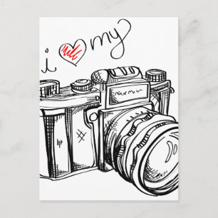 Vintage Camera, Hand Drawn Illustration, Photo Postcard