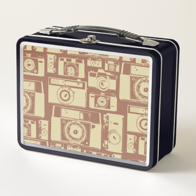 Vintage Camera Pattern in Brown Colours Metal Lunch Box (Front)