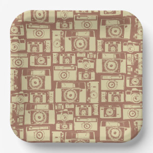 Vintage Camera Pattern in Brown Colours Paper Plate