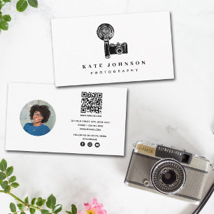 Vintage Camera Photography Social Media QR Code  Business Card