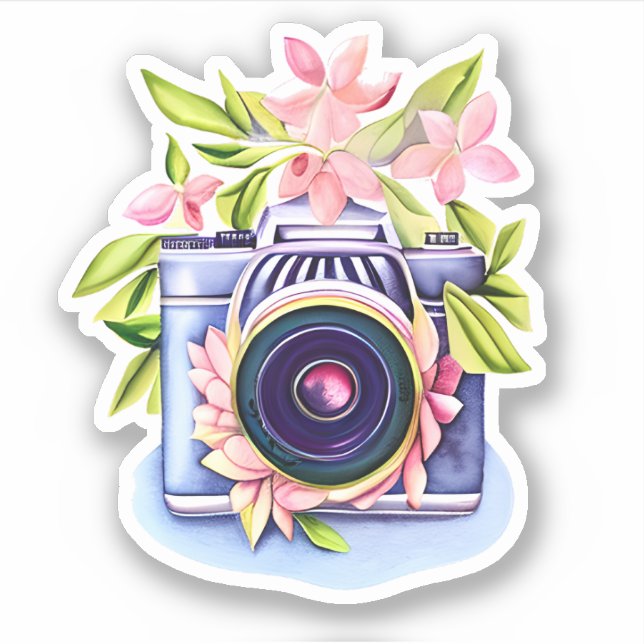 Vintage Camera, Pink Flowers, Green Foliage  (Front)