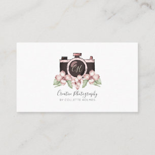 Vintage Camera Pink Grey Florals Photographer Business Card