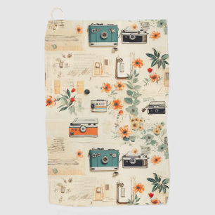 Vintage Camera Radio Floral Teal Orange Collage Golf Towel