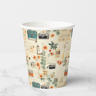 Vintage Camera Radio Floral Teal Orange Collage Paper Cups