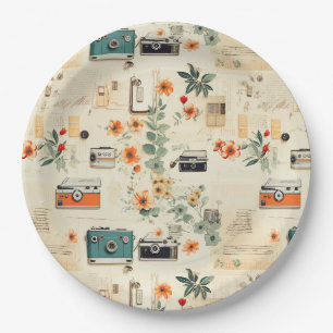 Vintage Camera Radio Floral Teal Orange Collage Paper Plate