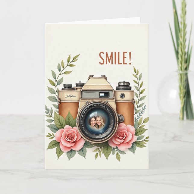 Vintage Camera Rose Birthday Card (Front)