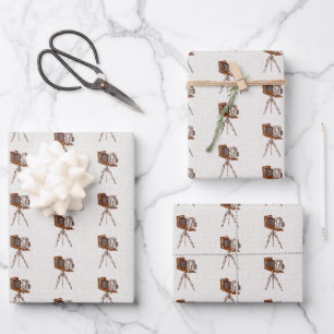 Vintage Camera Tripod Linen Texture Name Pattern Wrapping Paper Sheet
