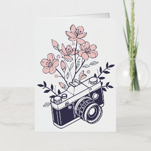 Vintage Camera with Pink Flowers – Floral Photogra Foil Greeting Card