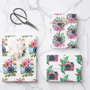 Vintage Cameras and Pink  Flowers Birthday Wrapping Paper Sheet