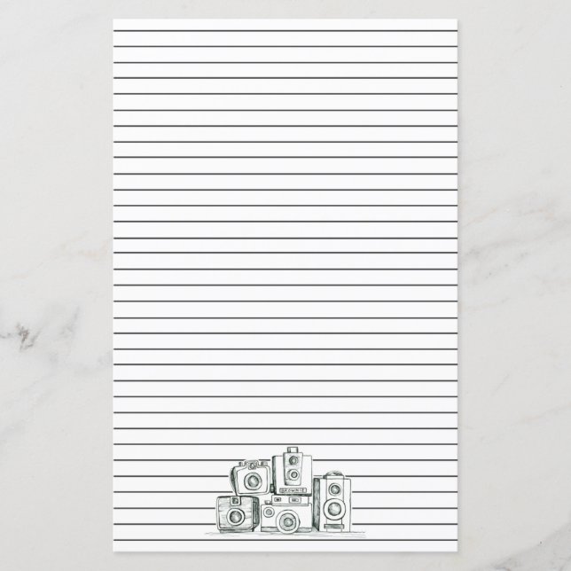 Vintage Cameras Black Lined Letter Stationery (Front)
