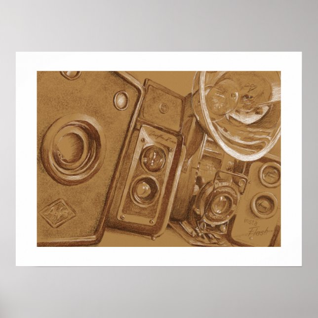 Vintage Cameras - Pencil Drawing in Sepia Tone Poster (Front)