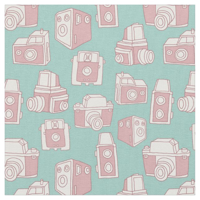 Vintage Cameras Retro Pattern (Blue) Fabric (Close Up)