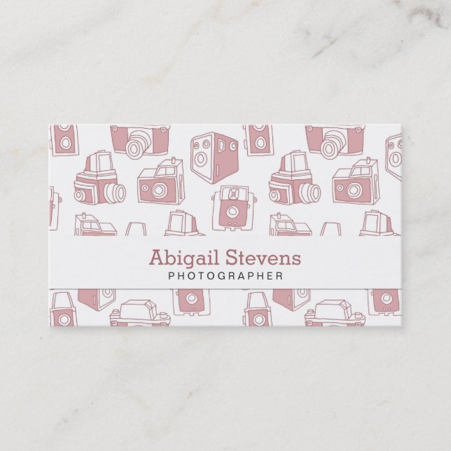 Vintage Cameras Retro Pattern (White / Pink) Business Card (Front)