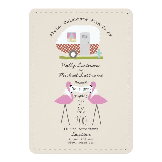 Vintage Camper And Flamingos Wedding Card