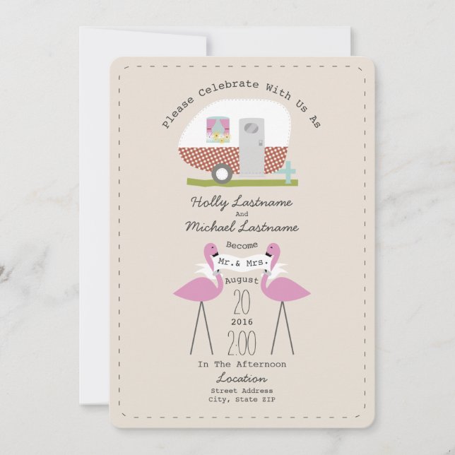 Vintage Camper And Flamingos Wedding Invitation (Front)
