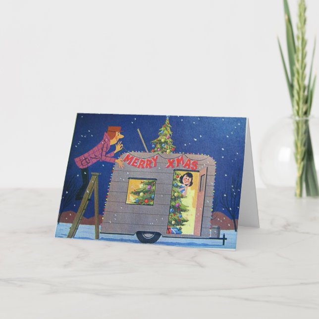 VINTAGE CAMPER CHRISTMAS ART GREETING CARD (Front)