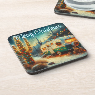 Vintage Camper Christmas in Desert Personalised Coaster