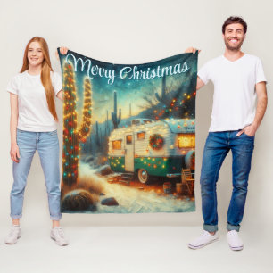 Vintage Camper Christmas in Desert Personalised Fleece Blanket