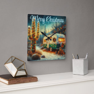 Vintage Camper Christmas in Desert Personalised  Square Wall Clock