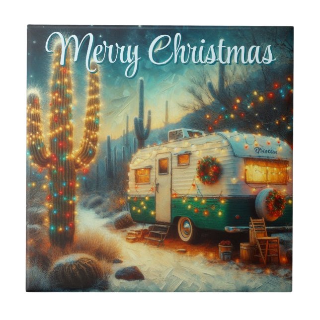Vintage Camper Christmas in Desert Personalised  Tile (Front)
