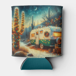 Vintage Camper Christmas in Desert Saguaro Cactus Can Cooler