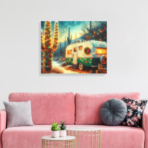 Vintage Camper Christmas in Desert Saguaro Cactus Canvas Print