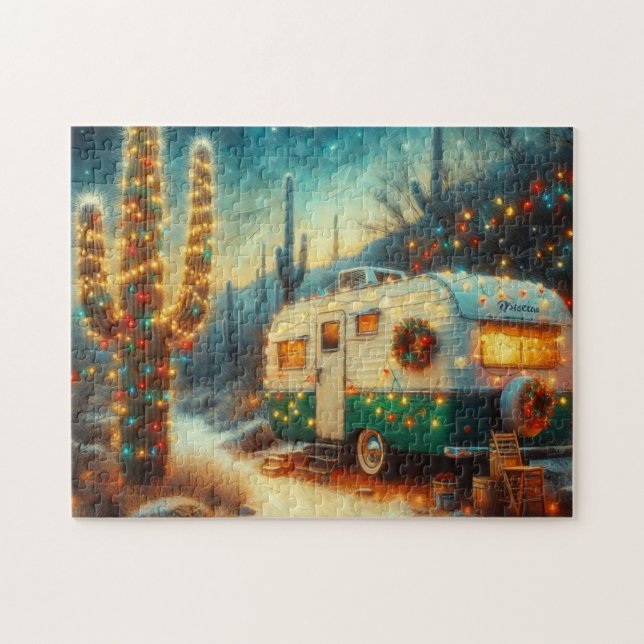 Vintage Camper Christmas in Desert Saguaro Cactus  Jigsaw Puzzle (Horizontal)