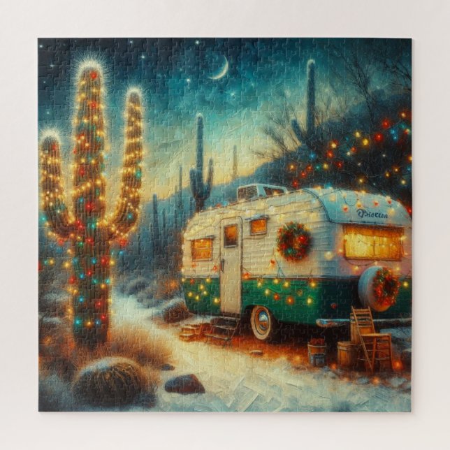 Vintage Camper Christmas in Desert Saguaro Cactus  Jigsaw Puzzle (Vertical)