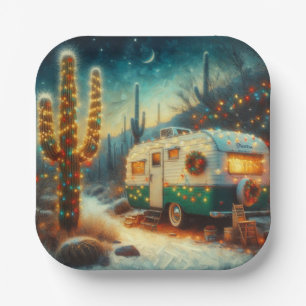 Vintage Camper Christmas in Desert Saguaro Cactus Paper Plate