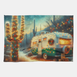 Vintage Camper Christmas in Desert Saguaro Cactus Tea Towel