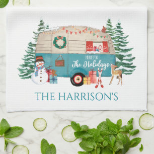 Vintage Camper Home for the Holidays Tea Towel