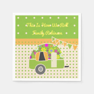 Vintage Camper Orange Green Polkadots Personalised Napkin