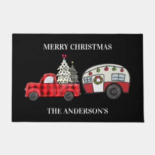 Vintage Camper Red Truck Christmas Doormat